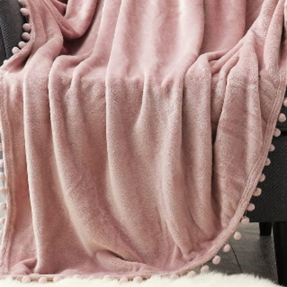 Petal Pink Soft Velvety Velour Pom Pom Blush Throw Blanket Boho Chair Cover - Picture 5 of 6